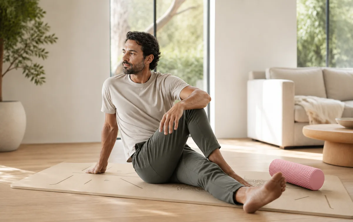 Homem em alongamento em casa, com luz natural